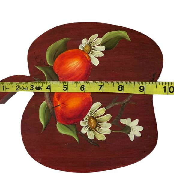 Floral Apple Shape Wood Art Trivet Vintage 70s Hand Painted Country Decorative - Picture 6 of 13
